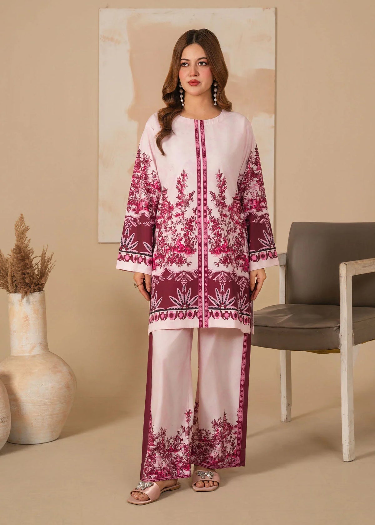 Model wearing stylish silk dress design in off-white and plum, printed silk 2PC set, front view from Buraqstore