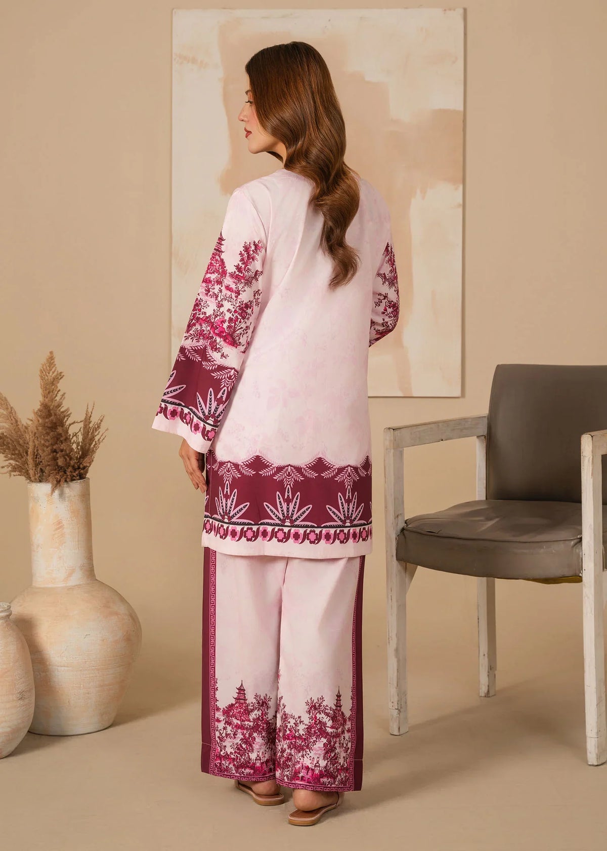 Women wearing stylish silk dress design, close-up of the off-white and plum print on the silk fabric, Buraqstore