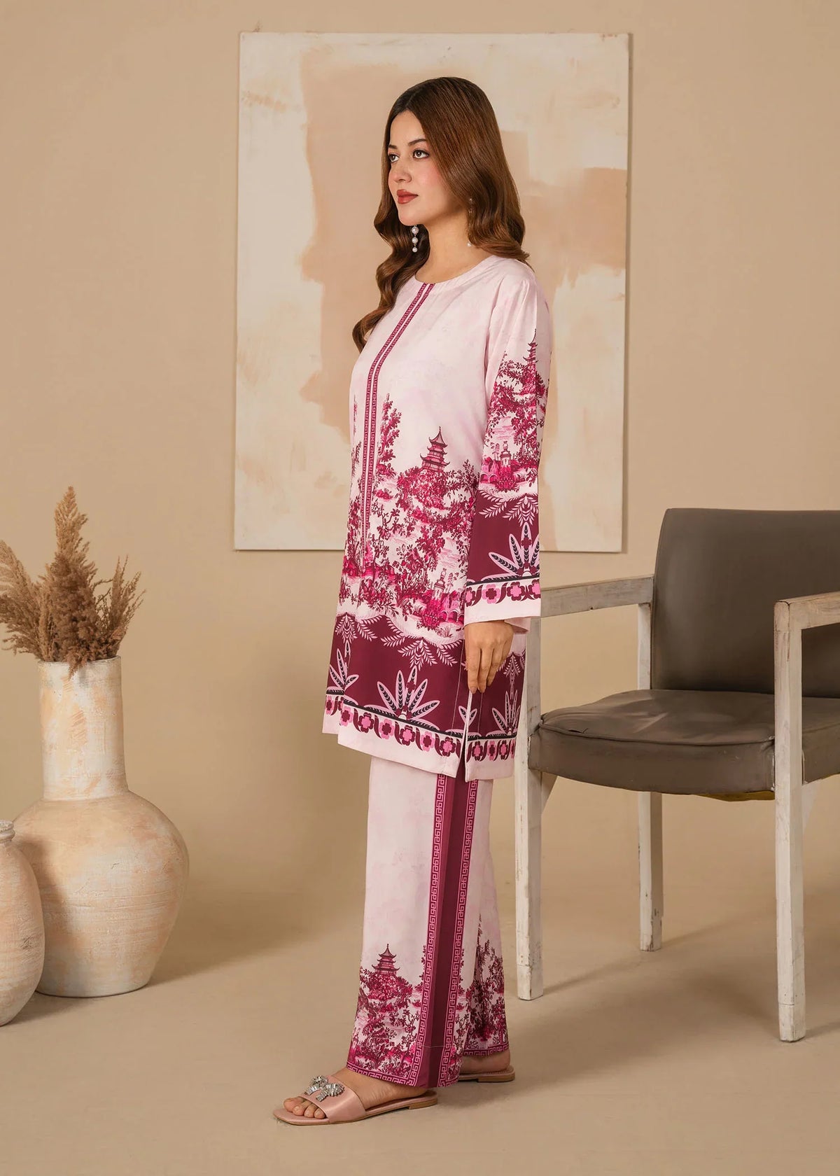 Model wearing stylish silk dress design as an elegant outfit, shop printed silk 2PC at Buraqstore