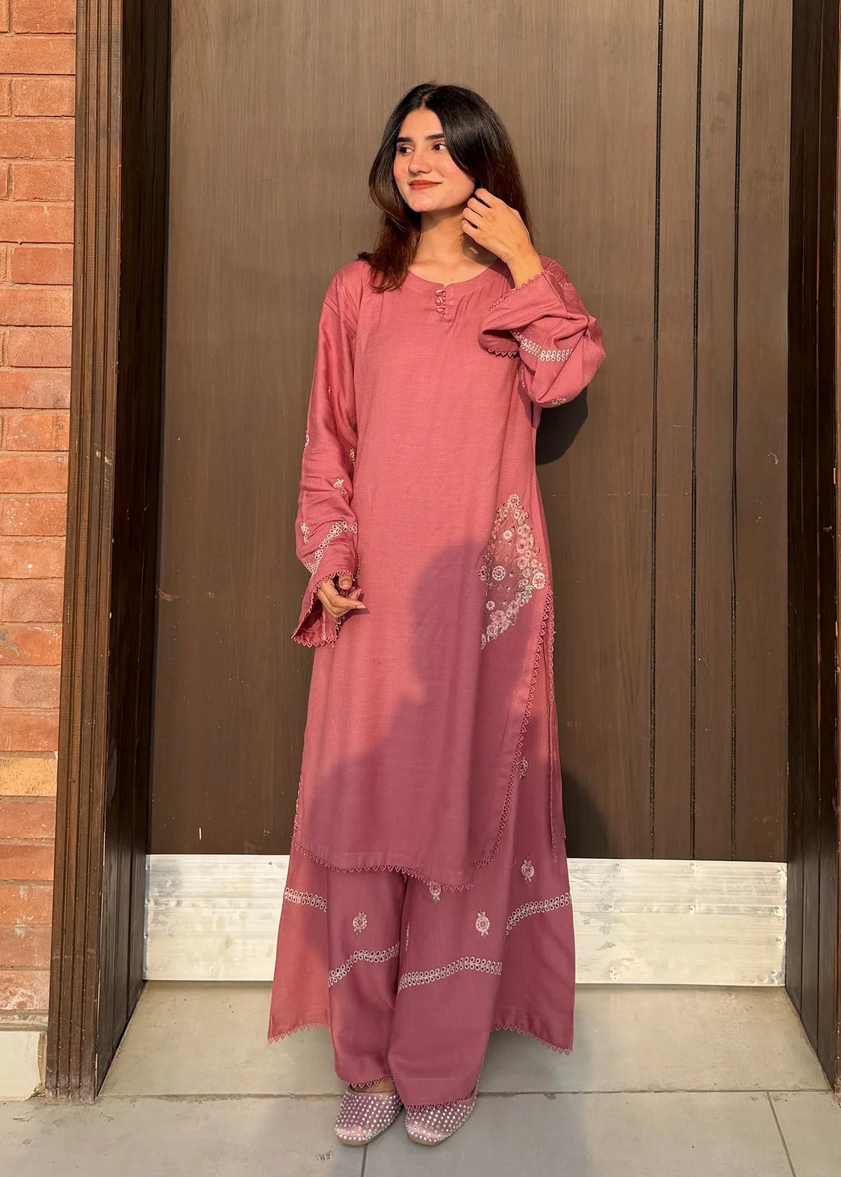 Model wearing tea pink color dress, embroidered dhanak 2PC set, front view from Buraqstore