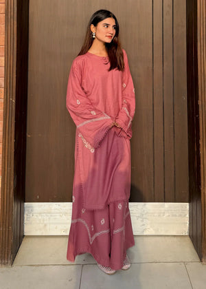 Women wearing tea pink color dress, close-up of the embroidery on the dhanak shirt, Buraqstore