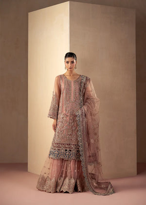 Model wearing tea pink color dress, an embroidered and embellished shirt with gharara, front view from Buraqstore