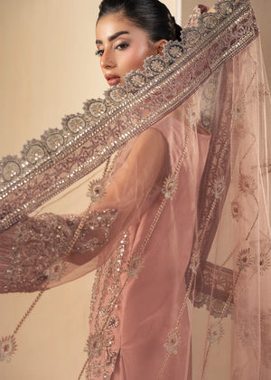 Model wearing tea pink color dress as a festive outfit, shop the embroidered gharara 3-piece set at Buraqstore
