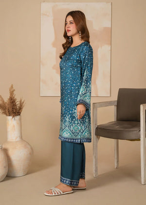 Model wearing teal blue color dress as a daily outfit, shop printed shamooz 2PC at Buraqstore