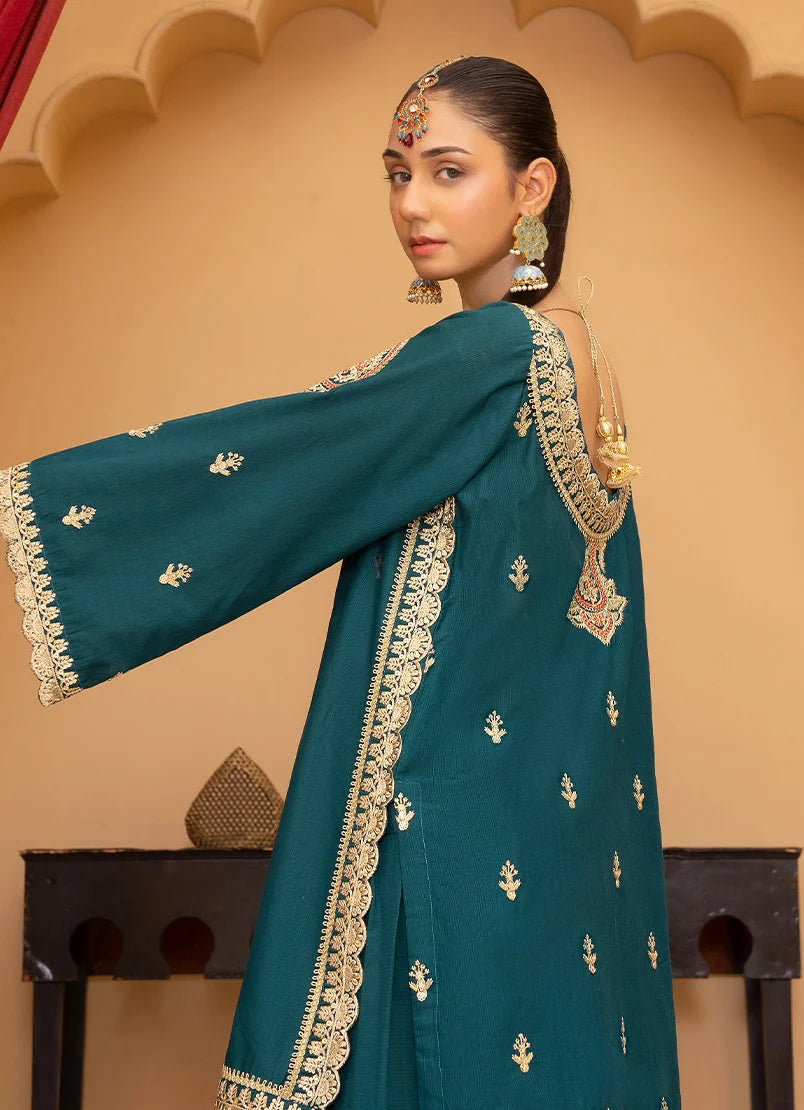 Women wearing teal blue color dress, back view of the embroidered bana dora shirt and bottom, Buraqstore