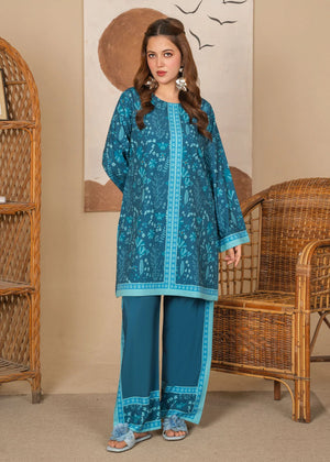 Model wearing teal sea green color dress, printed grip 2PC set, front view from Buraqstore
