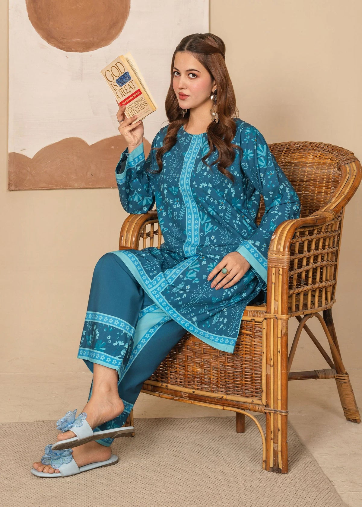 Model wearing teal sea green color dress as a daily outfit, shop printed grip 2PC at Buraqstore