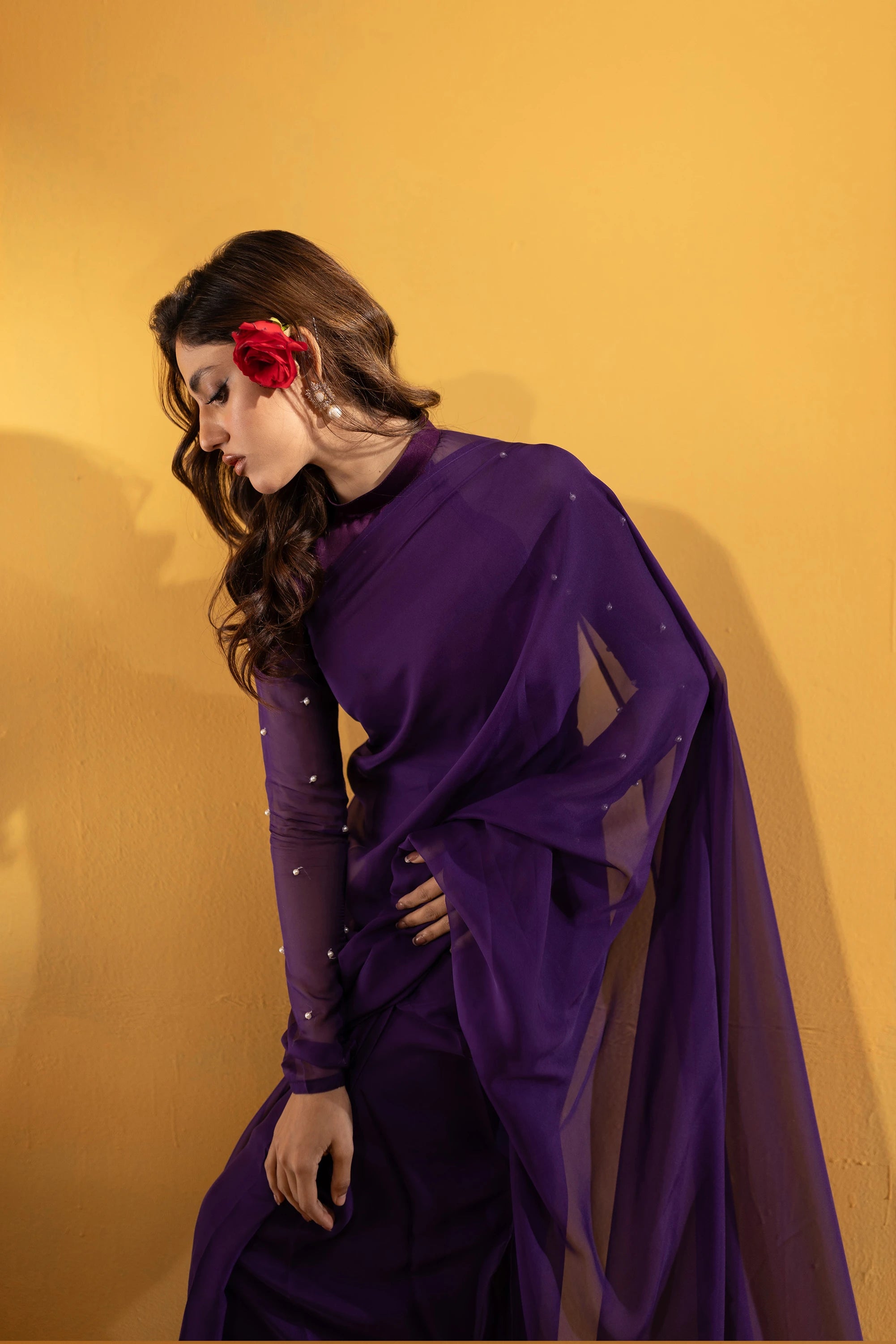 Purple Stone Chiffon Saree Pret 3Pcs