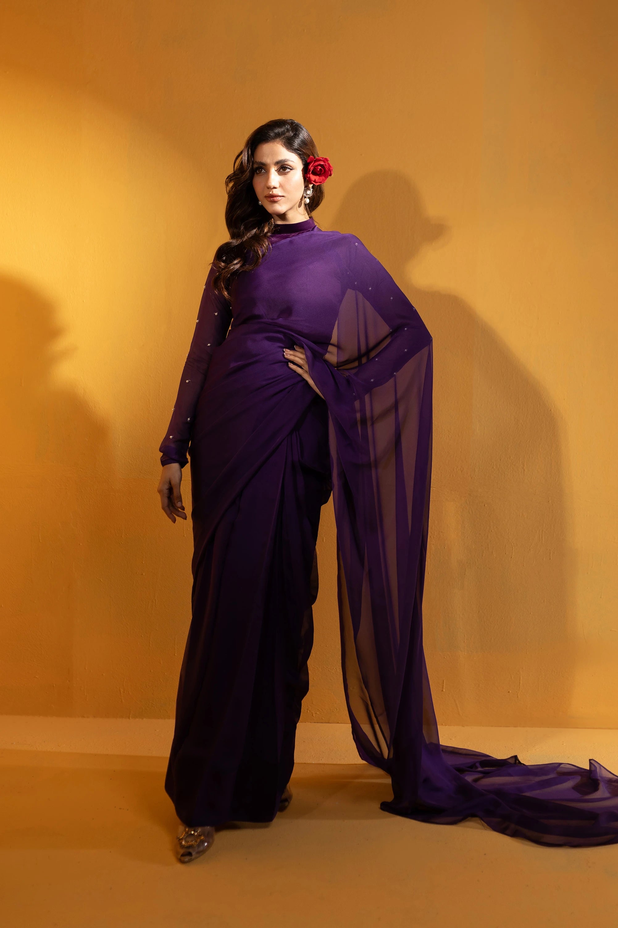 Purple Stone Chiffon Saree Pret 3Pcs