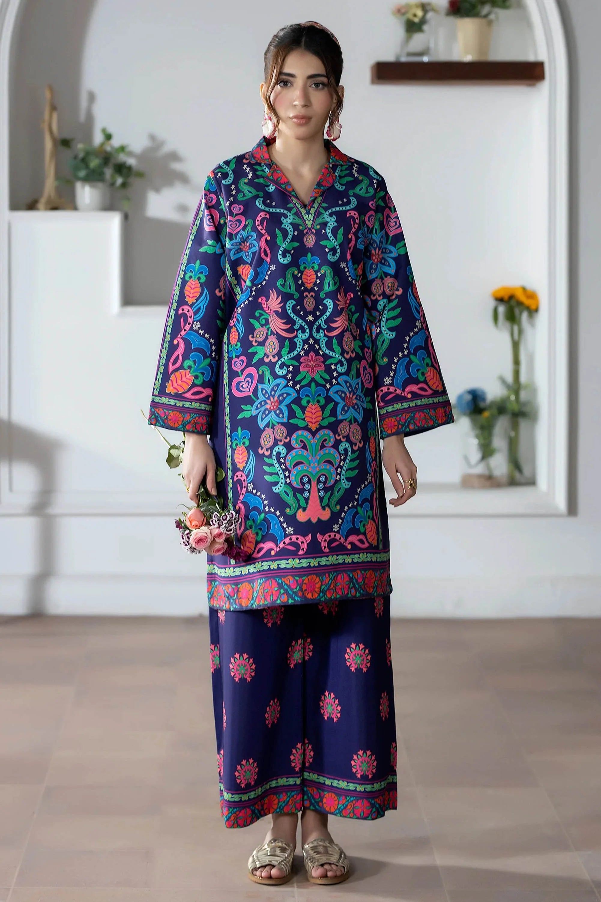 Woman in printed co ord set by Buraqstore modern casual outfit