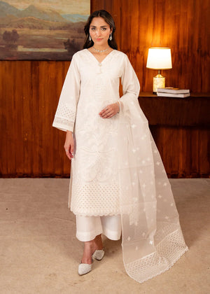 Model wearing white dress design, an embroidered lawn shirt and trouser 3PC set with a net dupatta, front view from Buraqstore