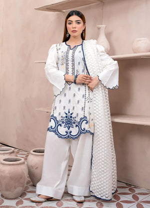 Model wearing white dress designs pakistani, embroidered raw silk shirt, trouser and dupatta, front view from Buraqstore