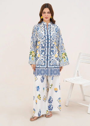 Model wearing white co ord set design, printed 2-piece grip fabric set, front view from Buraqstore