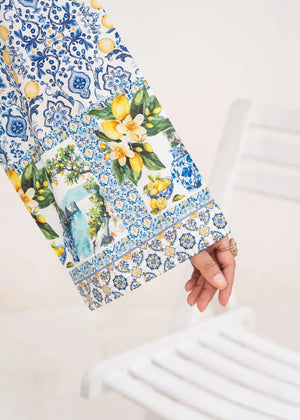 Women wearing white co ord set design, close-up of the print on the grip top and bottom, Buraqstore