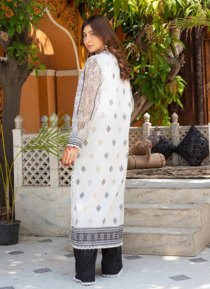 Women wearing white dress pakistani, close-up of the print on the lawn shirt, Buraqstore