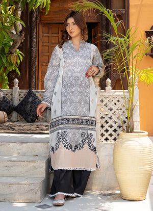 Women wearing white dress pakistani, back view of the printed lawn shirt and trouser, Buraqstore