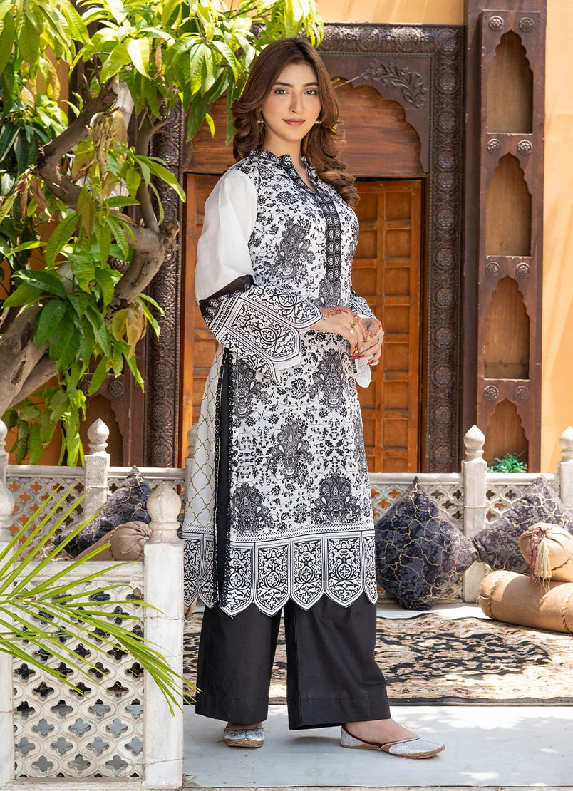 Women wearing simple white dress design, close-up of the print on the lawn shirt, Buraqstore