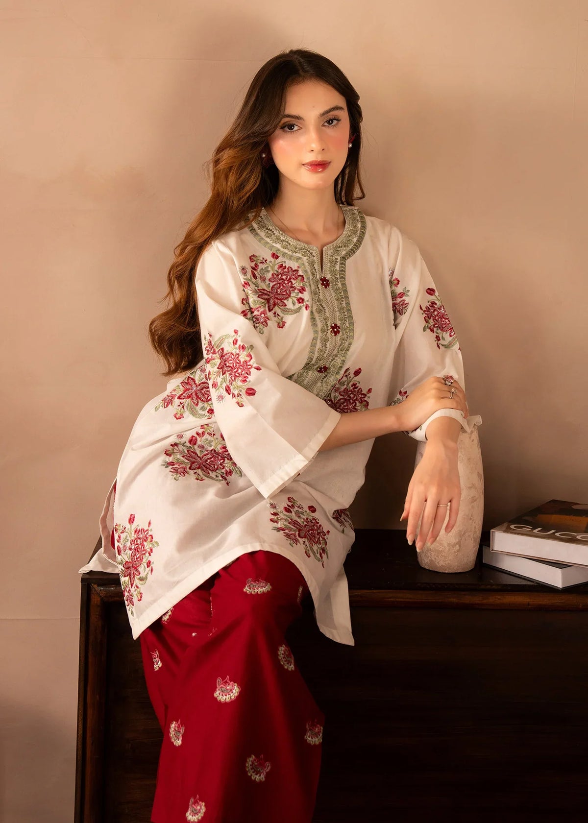 Women wearing red dress design, back view of the embroidered shirt and trouser, Buraqstore