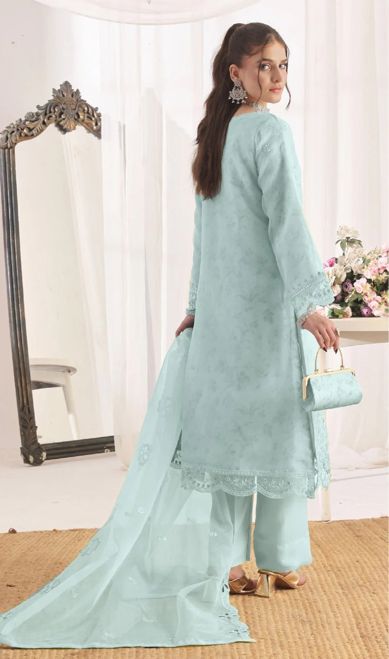 Xenia Pret Organza Embroidered 3 PCs (Icy Aqua)