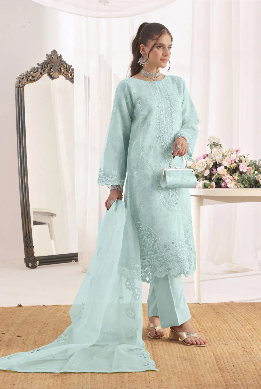 Xenia Pret Organza Embroidered 3 PCs (Icy Aqua)
