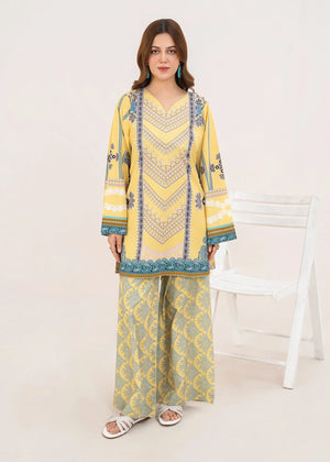 Women wearing yellow 2 piece co ord set Pakistan, printed grip fabric top and bottom, front view from Buraqstore