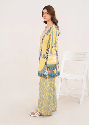 Women wearing yellow 2 piece co ord set Pakistan, side view showing the fit of the printed grip set, Buraqstore