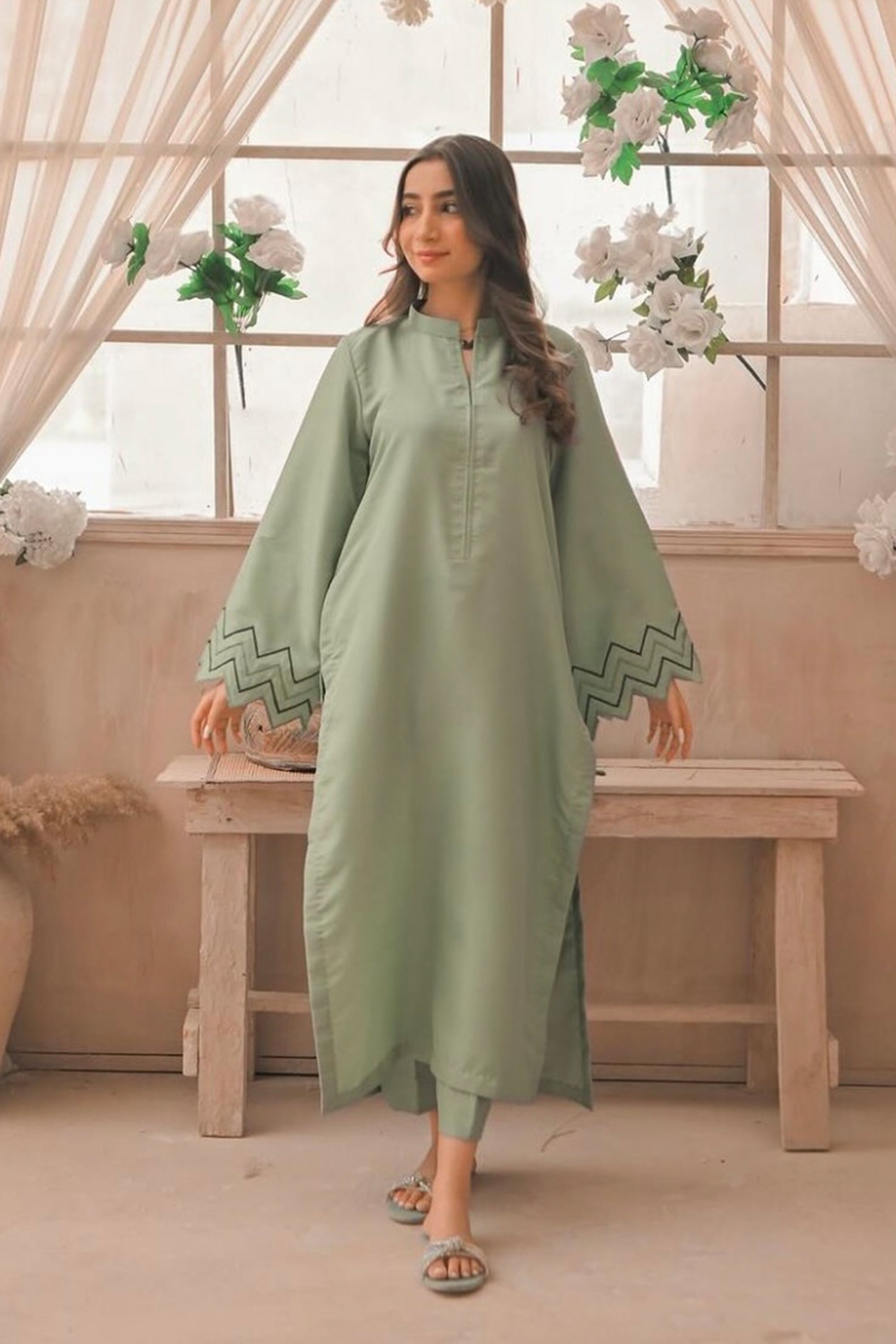 Apple Green Embroidered Raw Silk Pret 2Pcs