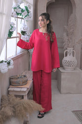 Top rated western dresses in Pakistan Deep Pink Raw Silk Co Ord Set by Buraq Store, featuring luxurious raw silk fabric, elegant pink tone, and stylish contemporary design for women. 
